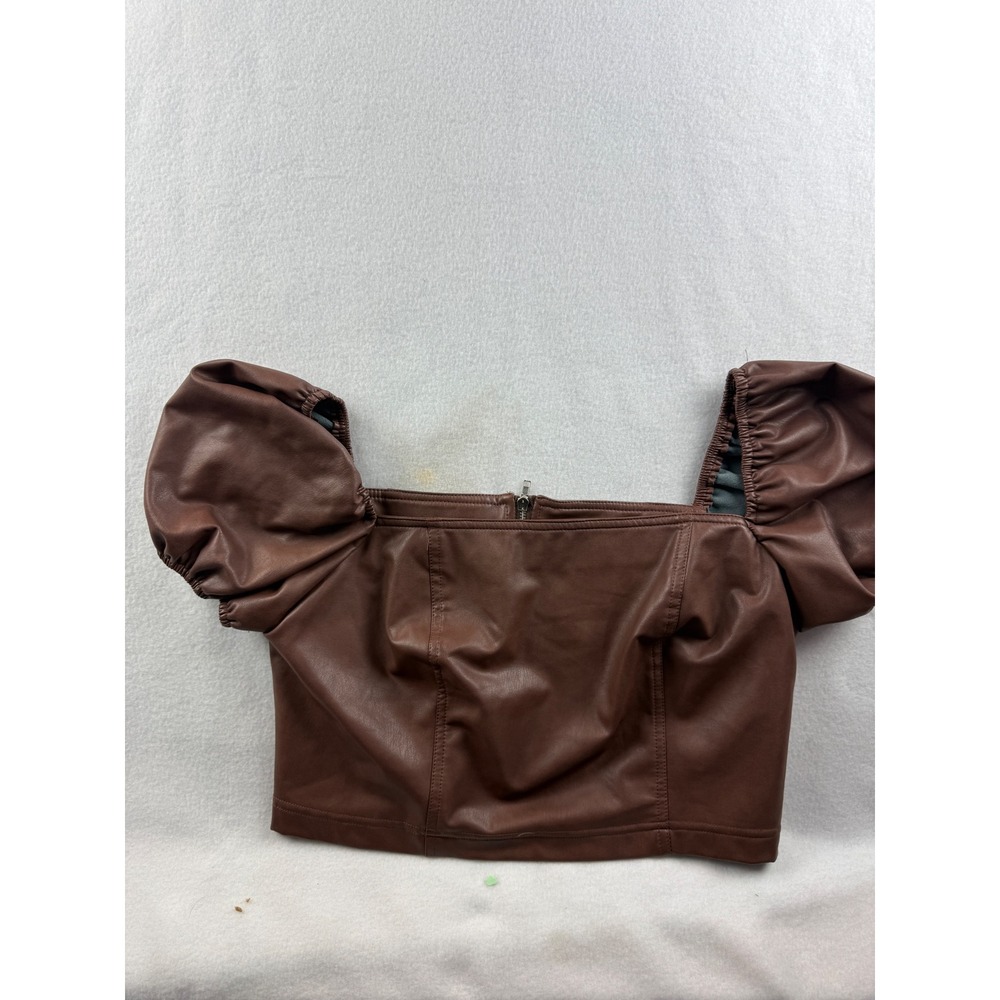 7 For All Mankind Brown Faux Leather Puff Sleeve Square Neck Crop Top M
